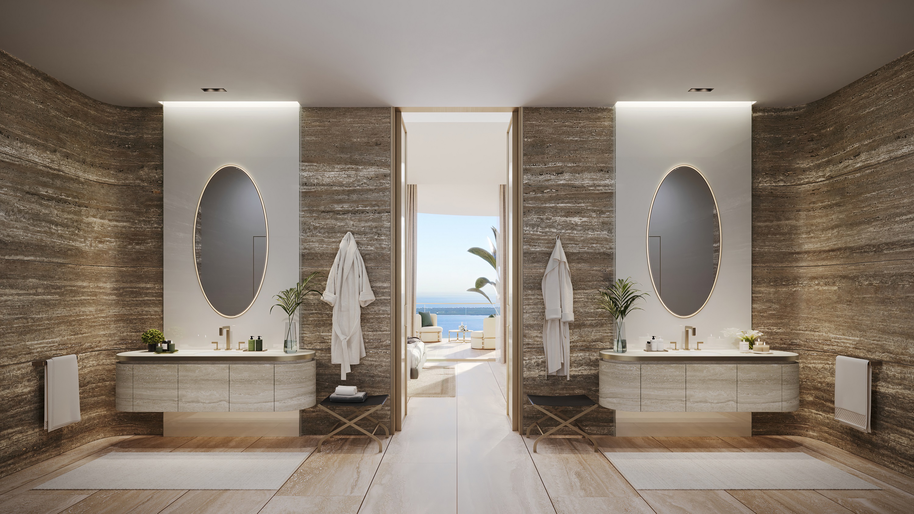 1428 Brickell master bathroom with travertine finishes